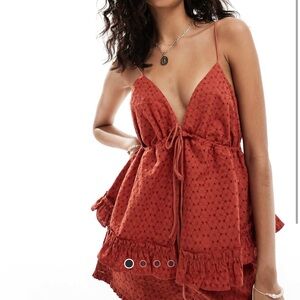 Broderie peplum ruffle top in terra-cotta (shorts separate,part of a set)